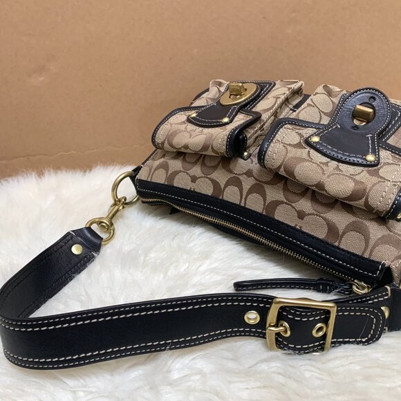 COACH Legacy Turnlock Khaki/Black Shoulder Bag Signature Hobo F12869 - Picture 12 of 14